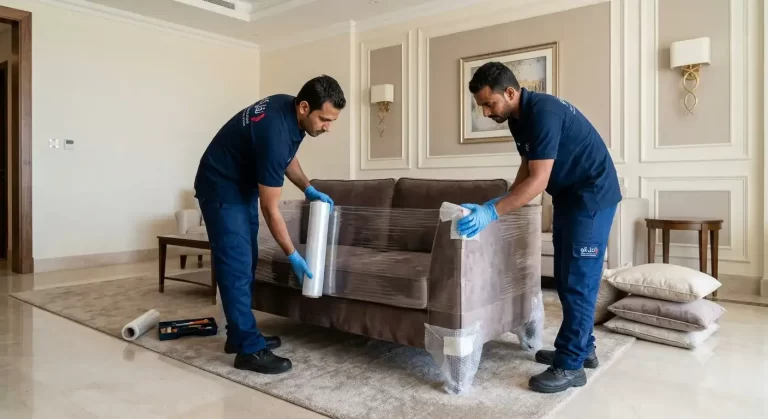 عمال نقل عفش بالزي الموحد يغلفون الكنب داخل المنزل باحترافية