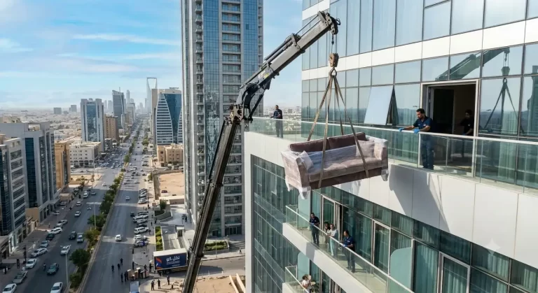 ونش نقل عفش بالكويت يرفع الأثاث إلى برج سكني عالي بأمان