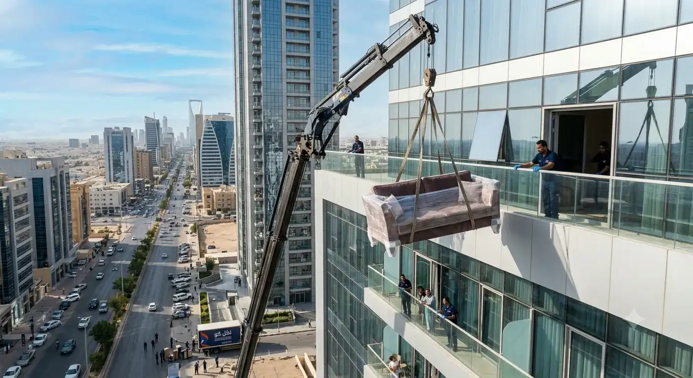 ونش نقل عفش بالكويت يرفع الأثاث إلى برج سكني عالي بأمان